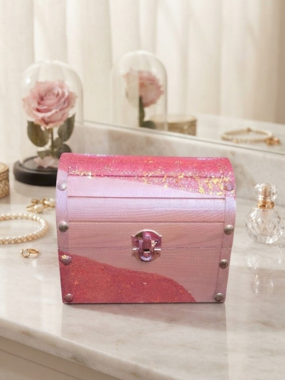 Pink Jewelry Box Wood Treasure Chest Keepsake Glitter Handmade
